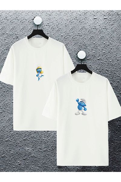 Joza Outdoors Femei Bărbați Smurfs Cute And Smurfs Printed Lover Couple Combinație Design Oversize Tricou Set de 2