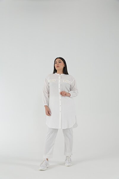 MÜSEMMA Büyük Beden Dokuma Kumaş Süs Cep Detaylı Kolları Lastikli Ceylin Gömlek 23ygml-mus0003