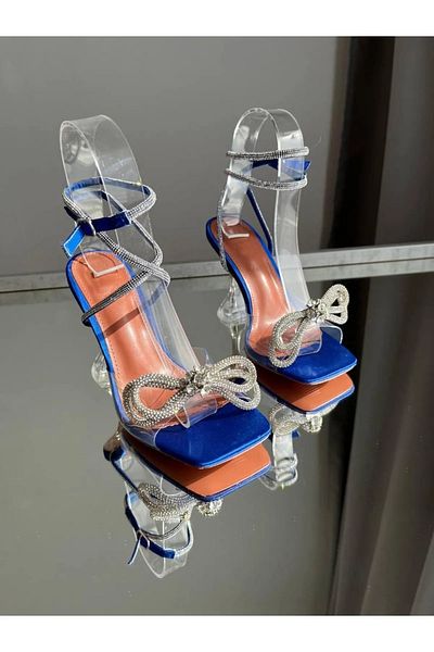 TrendyAnka Dámské Transparentní Navy Blue Saks Blue Tan 8 cm Transparentní Podpatek Pearl Bow Stone Večerní šaty Sandály Boty