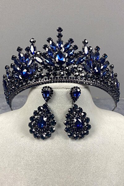 Hobigram Lacivert Adela Parlak Taşlı Kına Gelin Tacı Ve Damla Taşlı Küpe Takı...