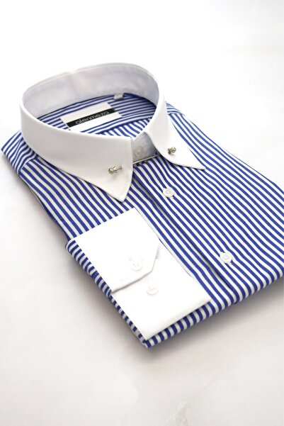 alenmeza Erkek Mavi Beyaz Çizgili Beyaz Iğneli Yakalı Casual Kolay Ütülenebilir Cepsiz Modern Fit Gömlek