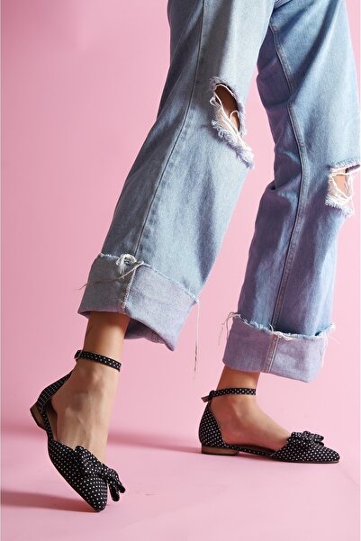 DURUNUN BUTİĞİ Folder Černé puntíkované kotníkové pásky Denní baleríny se špičatou špičkou