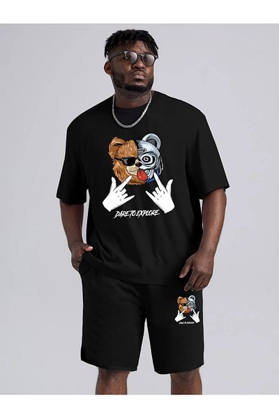 YUVEST Blackrock Oversize Dareto Printed Black Crew Neck T-shirt Shorts