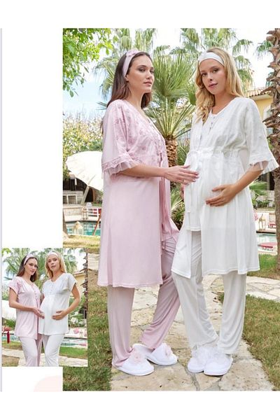 Bone Club 5605 Ecru V-Neck 3-Piece Maternity Pajamas Dressing Gown Tk