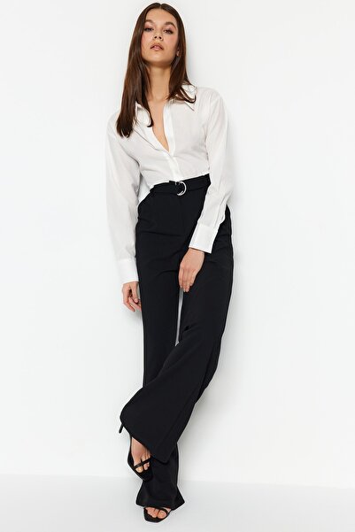 Trendyol Collection Černé krepové kalhoty s širokým pasem - s páskem, Smart TWOSS23PL00330
