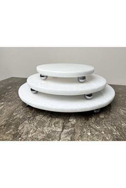 Modestmarluxury Natural Plain White Marble Round 3-Piece Presentation Set Silver Ball Leg Plain White