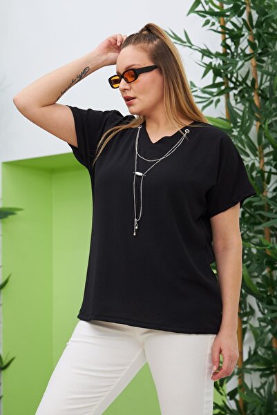 RMG Kolye Detaylı Büyük Beden Bluz