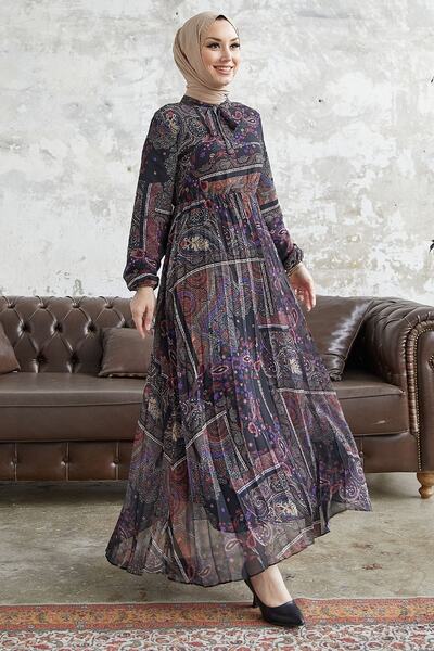 InStyle Viera Paisley Patterned Chiffon Dress with Belted Collar - Black