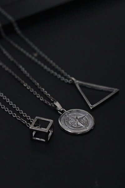 Dukkanka 3'lü Siyah Pusula, Küp Ve Üçgen Erkek Kolye Seti