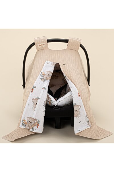 Yunikobaby غطاء ووسادة لعربة الأطفال بوجهين - محبوك باللون البني الحليبي - كوالا