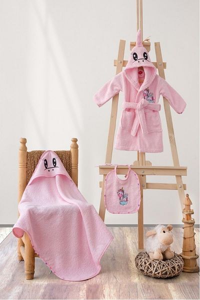 Cotton Box Baby Bath Set (bathrobe+swaddle+apron)-unicorn Pink
