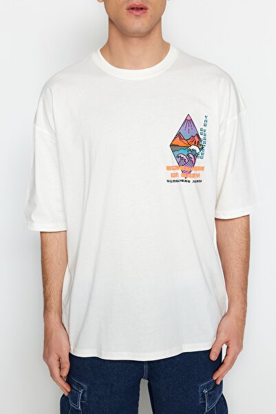 Trendyol Collection Oversize Ecru Cabaret potištěné bavlněné tričko - TMNSS23TS00316