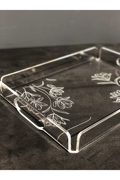 Pleksi Atölyesi Luxury Decorative Transparent Plexiglass Tray with Flower Design 36x26cm