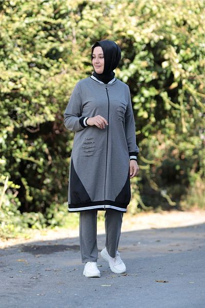 Zey&Ka Butik Large Size Paraş Garni Zippered Ribbed Combed Cotton Double Set