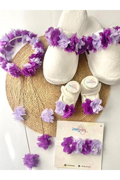 irembaby Anne Bebek Lohusa Seti Mor Lila Çiçek Lohusa Tacı Terlik Bebek Ayakk...
