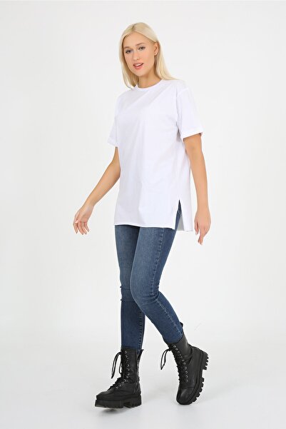 ModaCanel تي شيرت نسائي أبيض برقبة دائرية وحاشية مشقوقة من القطن الأساسي المحبوك