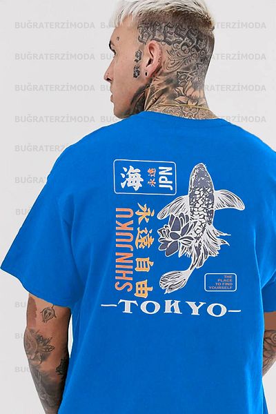 Buğraterzimoda Μπλουζάκι Tokyo Back Printed Unisex Oversize (loose Fit) Μπλε Τυρκουάζ