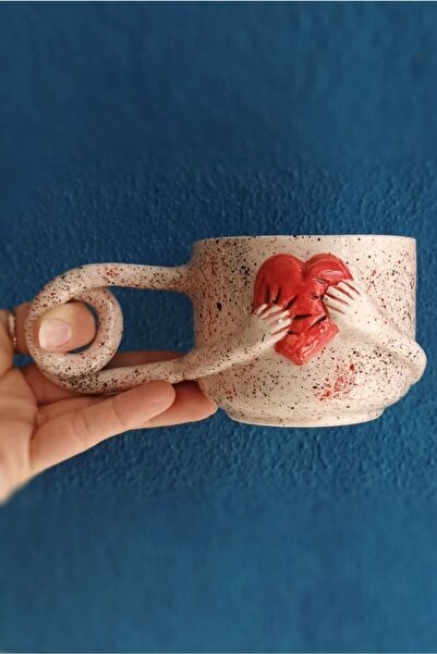 Kalpli Tasarım Benekli Beyaz El Yapımı Seramik Kahve Kulplu Mug/kupa/bardak-300 Ml.