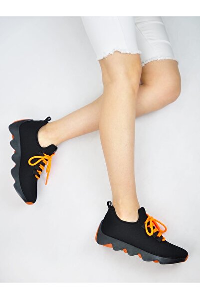 İmerShoes Жіночі кросівки - чорні з помаранчевими шнурками, трикотаж, товста підошва, легкі спортивні кросівки 300