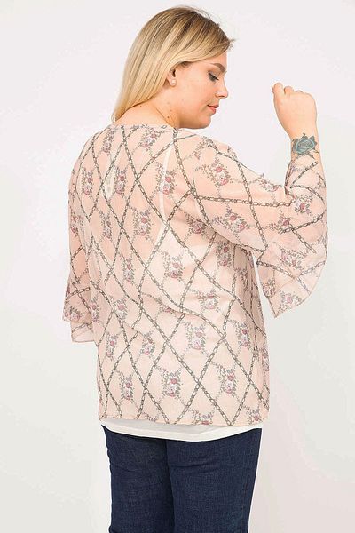 Şans Women's Powder Plus Size Undershirt and Flounce Sleeve Chiffon Blouse 65n35801