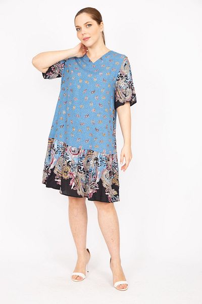 Şans Rochie de damă, albastră, mărime mare, țesătură din viscoză, cu model Paisley 65n35834