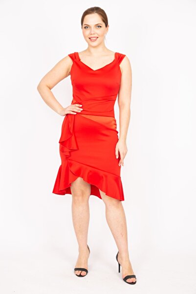 Şans Plus Size Evening Dress - Red - Wrapover