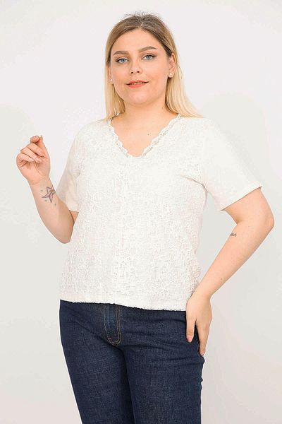 Şans Women's Bone Plus Size Cotton Fabric Front Lined Lace Blouse 65n35791