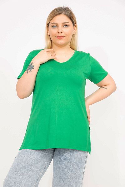 Şans Women's Green Large Size V-Neck Viscose Blouse 65n35800