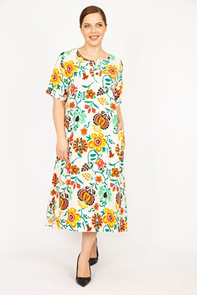 Şans Жіночий кольоровий великий розмір тканий віскозний одяг з передніми ґудзиками та кишенями 65n35839