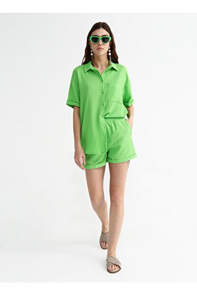 Fabrika Lastikli Bel Basic Yeşil Kadın Şort Solın