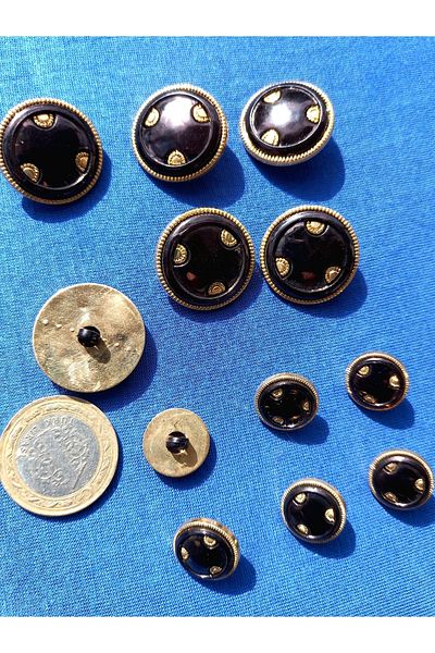 yörük tuhafiye Black, mother-of-pearl, Gold Metalized Ornamented, 2.5 Cm Large 12 Buttons. Coat, Topcoat, Jacket Button No.13