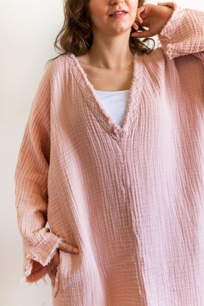 Zeliha Baysan Women's Muslin Long Sleeve Low-Cut Pink Dress