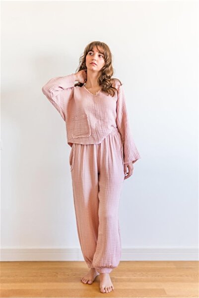 Zeliha Baysan Müslin Unisex Lastikli Jogger Pantolon Pembe