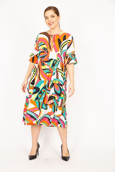 Şans Women's Colorful Large Size Woven Viscose Fabric Layered Dress 65n35838
