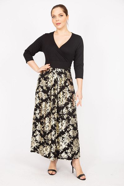 Şans Women's Black Plus Size Wrap Collar Skirt Dore Printed Dress 65n35824