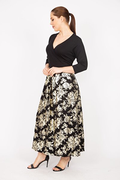Şans Women's Black Plus Size Wrap Collar Skirt Dore Printed Dress 65n35824