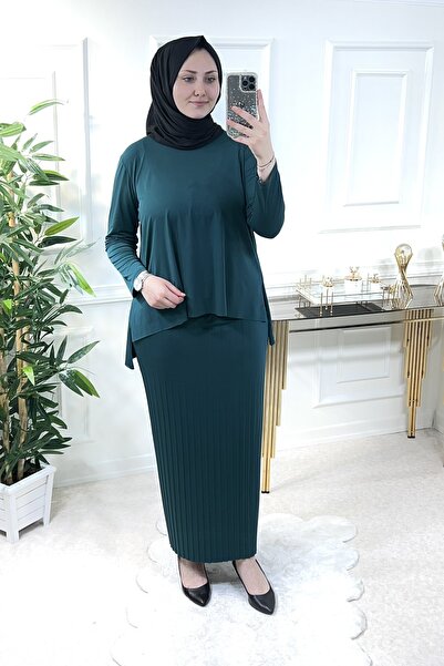 Aşkı Endam Plus Size Acacia Laser Cut Pleated Skirt Suit - Emerald
