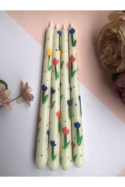 Elif Design Lale Desenli Şamdan Mumu / El Çizimi Çiçekli Mum