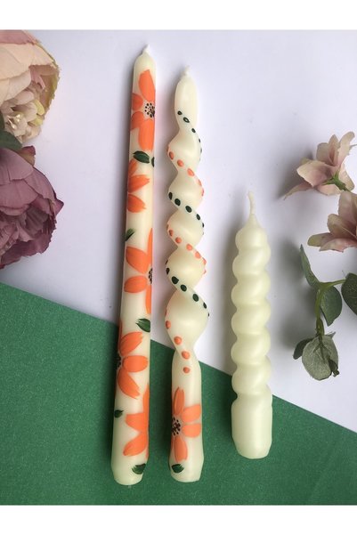 Elif Design 3 Lü Papatya Desenli El Çizimi Kokulu Konik Ve Burgu Mum Şamdan M...