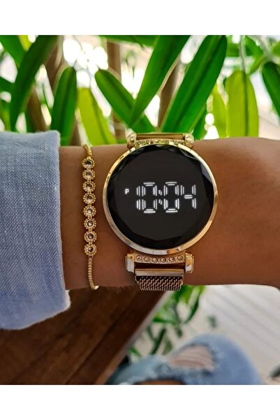 ÇENÇEN Altın Renk Kadın Taşlı Çelik Dijital Led Dokunmatik Kol Saati