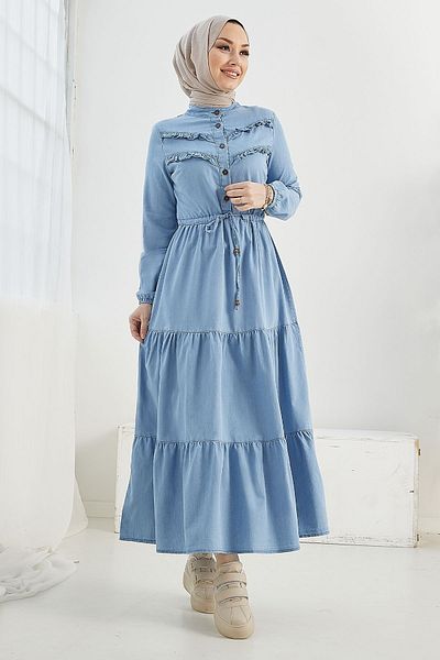 InStyle Rochie hijab din denim cu volane - Albastru deschis
