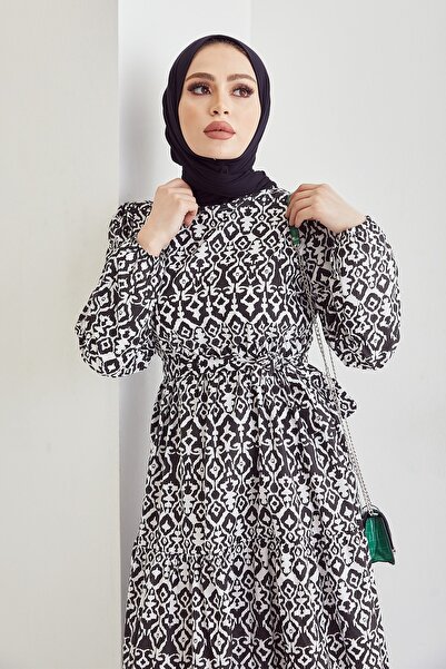 InStyle Belted Naya Spiral Pattern Dress - Black