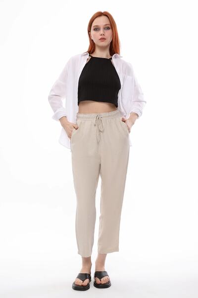 Lin Collection Kadın Naturel Bej Keten Pantolon Kısa Paça Beli Lastikli Cepli