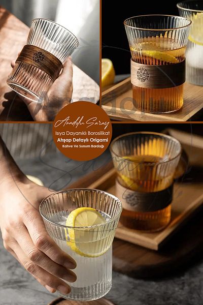 Anadolu Saray Çarşısı Heat Resistant Borosilicate Wooden Detailed Origami Shaped Cup | Coffee and Presentation Cup - 1 Piece