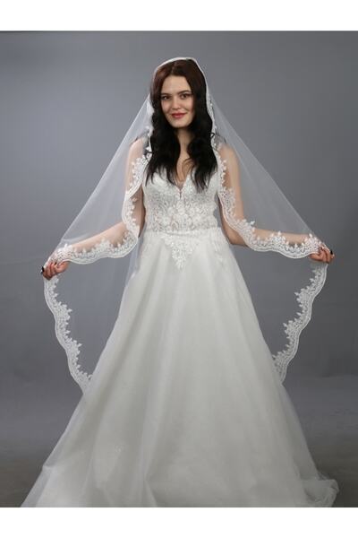 paris in paris Gelinlik Duvağı Rahibe Tesettür Duvak Uzunluğu 160 Cm Eni 150 Cm Kırıkbeyaz Renk Fransız Dantelli