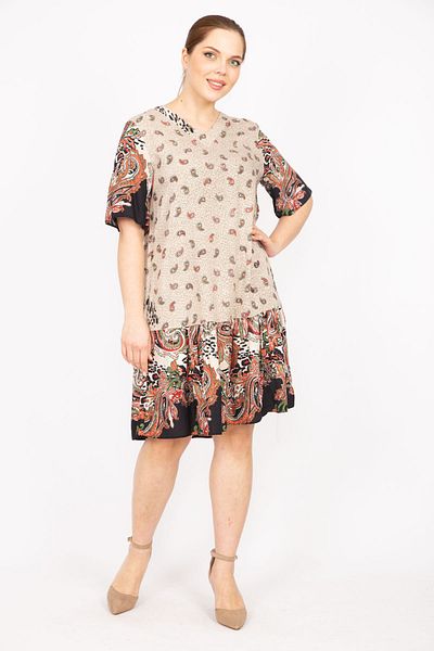 Şans Damska sukienka taupe, plus size, tkana z tkaniny wiskozowej we wzór paisley 65n35834