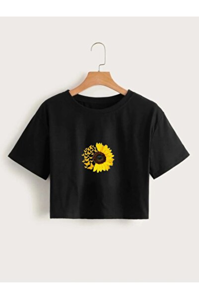 CATSPY Tricou de damă negru cu imprimeu cu margarete