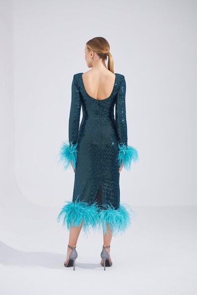 Mozto Patrice Feather Blue Long Dress