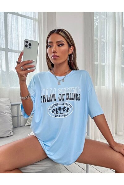 LOUİSA Tricou de damă oversize cu imprimeu Palm Springs Baby Blue