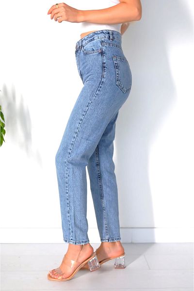 LİMABEL Blugi Mom cu talie înaltă albastră Blugi Mom albaștri în lycra elastici, spălați cu pietre